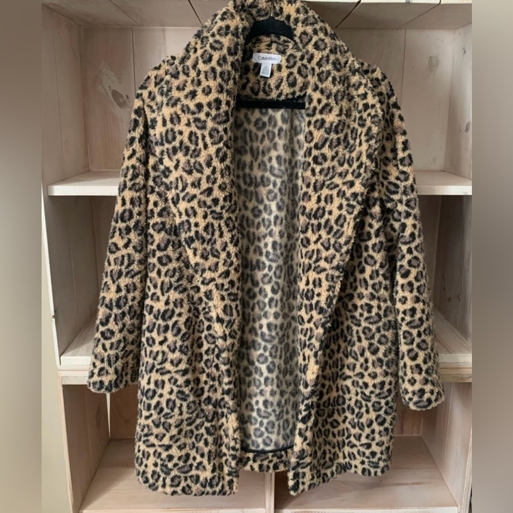 Calvin Klein Leopard Open Front Fleece Cardigan Sweater Coat